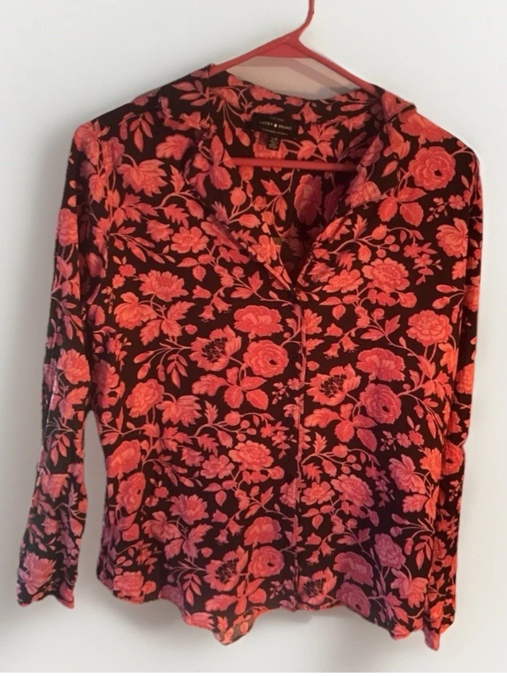 Lucky Brand Boho Floral Blouse L Pink Black Western Style Button Front Flowy Top